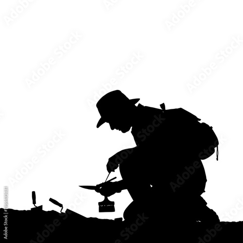 Silhouette of an archaeologist carefully examining ancient artifacts outdoors during excavation.