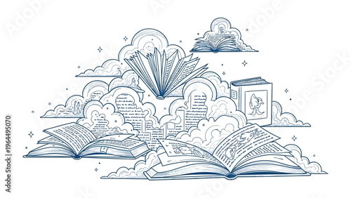 Dreaming in Pages: An enchanting illustration presents a scene where books take flight amidst a whimsical cloudscape, representing the limitless imagination found within literature.
