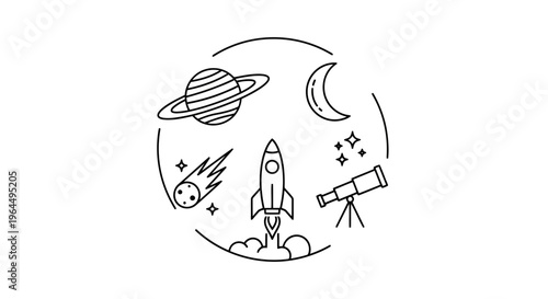 A whimsical collection of space-themed icons including a rocket, planet, moon, comet, and telescope, all enclosed in a circular frame for a celestial journey illustration