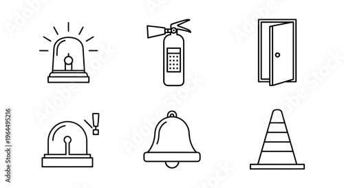 Safety and emergency warning outline icons set fire extinguisher, siren light, exit door, alarm bell, traffic cone. Essential tools for hazard awareness and public safety