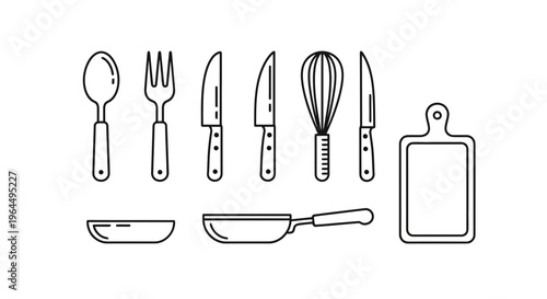 Collection of kitchen utensils and cooking equipment including cutlery, whisk, pan, and cutting board
