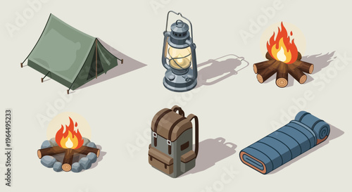 Essential outdoor camping and adventure gear collection, featuring isometric illustrations of a tent, campfire, lantern, backpack, and sleeping bag for wilderness trips