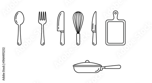 Collection of kitchen utensils, including a spoon, fork, knife, whisk, cutting board, and frying pan, all depicted in a simple line art style