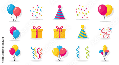 Set of festive birthday party icons including balloons, gift boxes, confetti, and party hats, perfect for celebrations and decorations