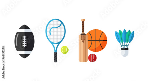 A diverse set of sports equipment illustrations, featuring American football, tennis racket, basketball, cricket bat, and badminton shuttlecock