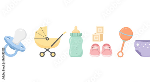 A collection of baby care items including a pacifier, stroller, baby bottle, booties, blocks, rattle, and diaper