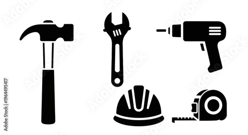 Collection of common tools and safety equipment for construction and DIY projects, including hammer, wrench, drill, helmet, and tape measure