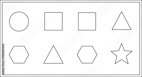 A collection of basic geometric shapes including a circle, squares, triangles, hexagon, and a star against a plain background