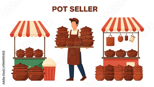 Pot Seller's Showcase: A diligent vendor presents his artisanal pottery at a vibrant outdoor market, showcasing his wares under the shelter of awnings. 