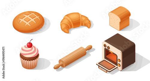 Delicious baked goods and baking equipment, including a cupcake, croissant, bread, rolling pin, and miniature oven, representing the art of baking and confectionery