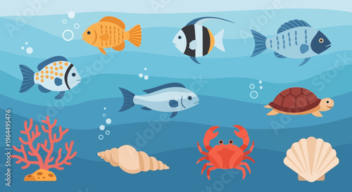 Diverse Underwater Ecosystem with Colorful Coral, Shellfish, and Marine Life