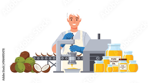 Coconut Oil Production: An artisan extracts pure coconut oil, showcasing the meticulous process of turning fresh coconuts into a nourishing product for health and well-being.