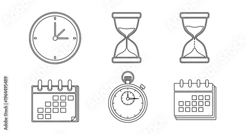 Collection of Six Icons Representing Time Management, Scheduling, and Measurement Clock, Hourglass, Stopwatch, and Calendar