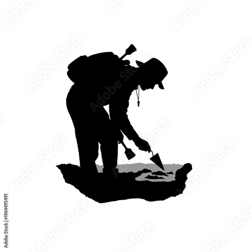 Silhouette of an archaeologist excavating a site with a trowel and tools.
