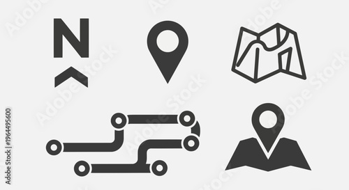 Collection of navigation and location icons North arrow, map pin, map outline, and route path icons
