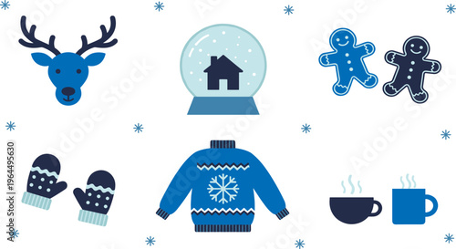 Winter holiday illustration, festive deer snow globe gingerbread mittens sweater cups, cozy seasonal decoration artwork, creative Christmas graphic design collection