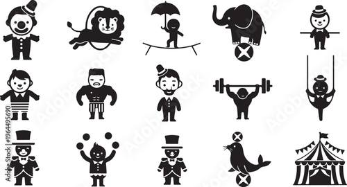Black and white cartoon of people and animals in various poses and activities