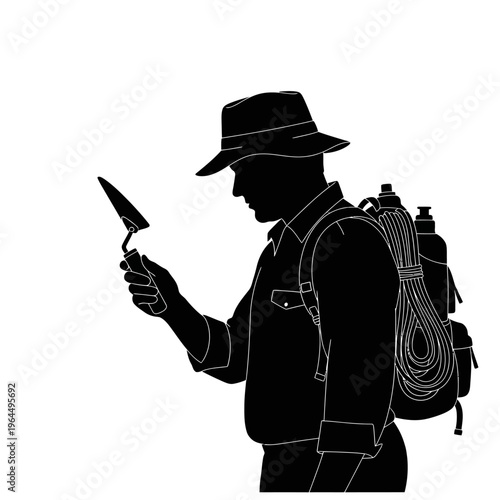 Silhouette of an Archaeologist Holding a Trowel, Exploring Ancient Sites.