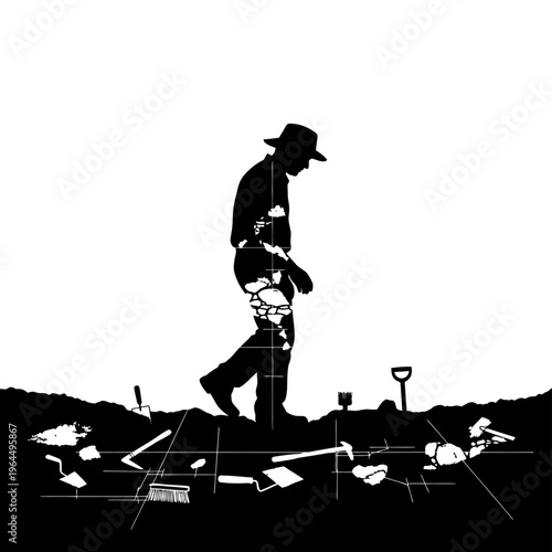 Silhouette of an Archaeologist Walking Across Excavation Site.