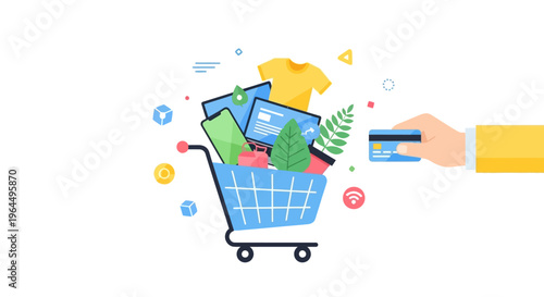Online Shopping & E-commerce Concept with Full Shopping Cart and Credit Card Payment. Digital Retail, Mobile Commerce, and Modern Consumerism Illustration.