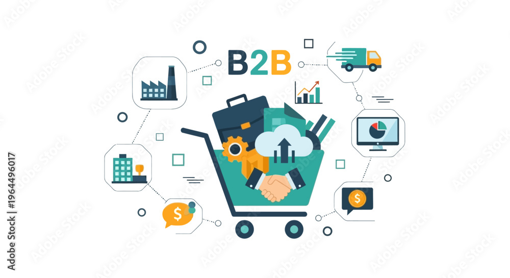 Fototapeta premium B2B Business to Business Concept: Enterprise Solutions, Supply Chain, Partnership, Logistics & Digital Commerce Ecosystem Illustration