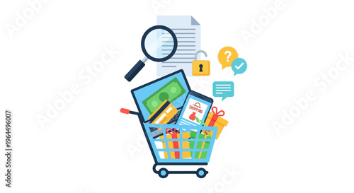 Online Shopping, E-commerce Security, and Digital Payment Transactions with Cart, Laptop, Mobile, and Financial Icons