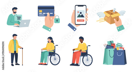 E-commerce & Online Shopping Icons: Digital Payments, Mobile Commerce, Express Delivery, and Inclusive Customer Diversity for Modern Retail Experience.