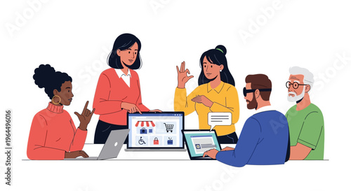 Diverse Team Discussing Accessible E-commerce: Digital Inclusion & User Experience with Sign Language Communication