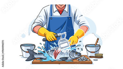 Fresh Fish Butchering: Capturing the meticulous process of a fishmonger expertly handling and preparing fresh fish for consumption. Featuring a close-up perspective.