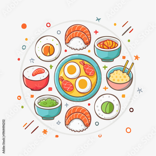 和食のベクターアイコンセット（寿司・ラーメン・天ぷら・弁当など）