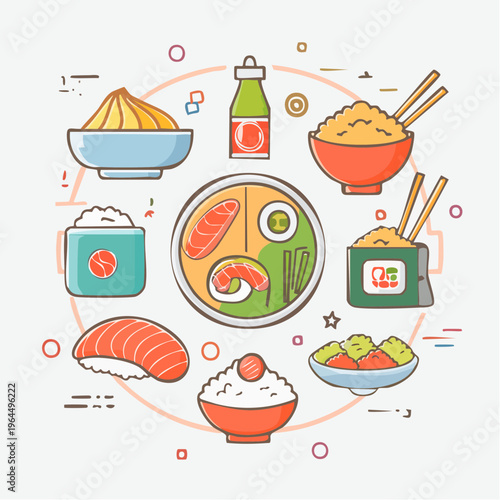 和食のベクターアイコンセット（寿司・ラーメン・天ぷら・弁当など）