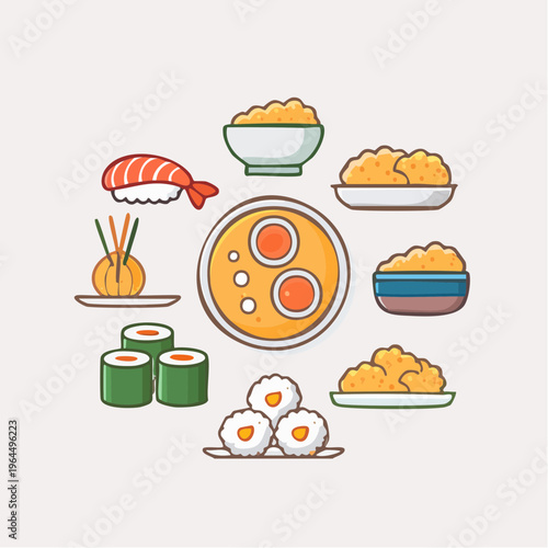和食のベクターアイコンセット（寿司・ラーメン・天ぷら・弁当など）