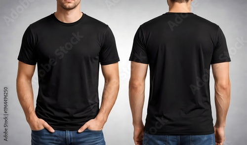 Black t-shirt mockup front and back view on male model, realistic blank tee template for apparel design presentation on neutral background