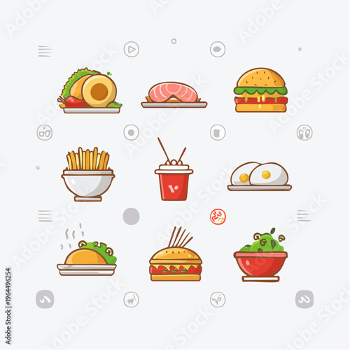 様々な料理のベクターアイコンセット（和食・洋食・ファストフード）