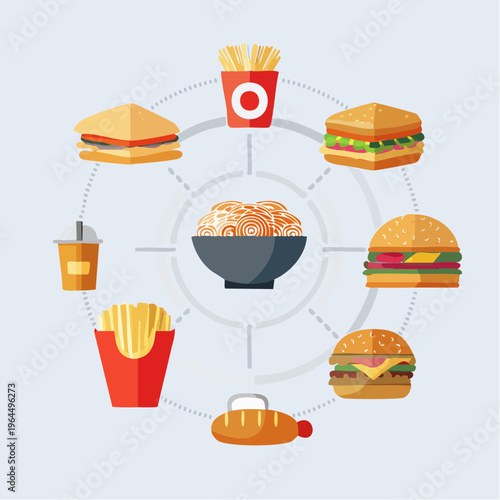 様々な料理のベクターアイコンセット（和食・洋食・ファストフード）