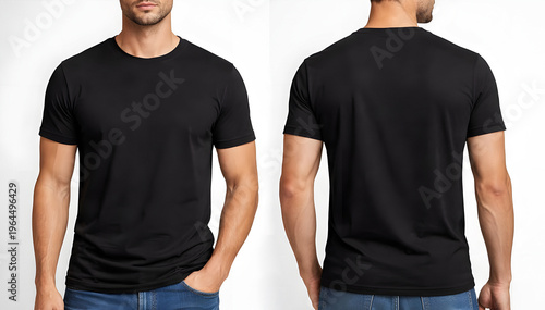 Black t-shirt front back mockup, high resolution blank apparel template