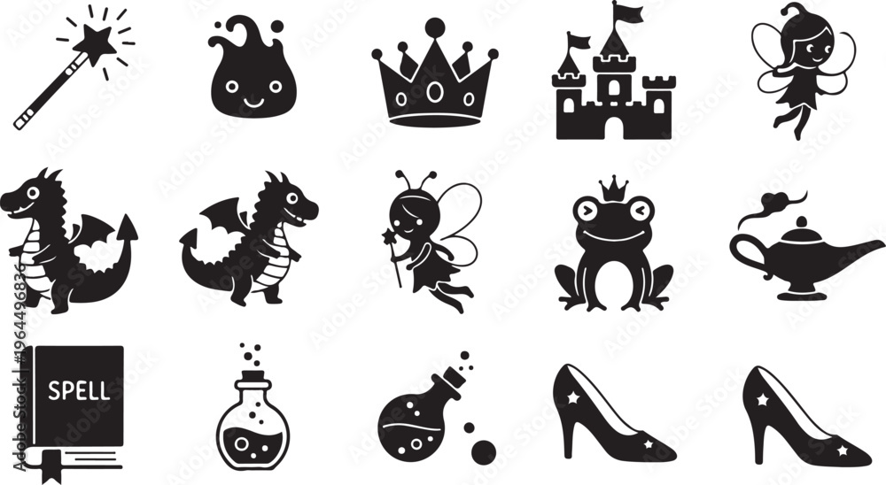 Fototapeta premium Black and white line collection of magical creatures and fantasy line magical creatures witch broomstick