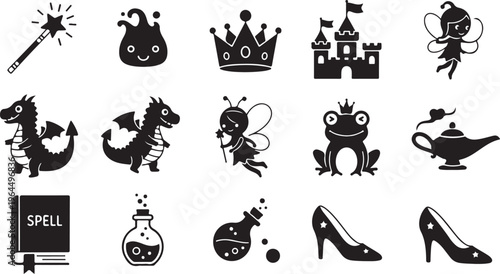 Black and white line collection of magical creatures and fantasy line magical creatures witch broomstick