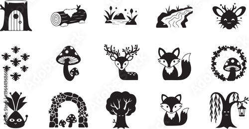 Black and white line collection of diverse animals and symbols line animals deco geometric