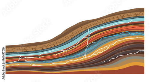 Geological cross-section illustrating rock strata, fault lines, and potential fluid pathways within the Earth's crust.