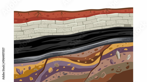 Cross-section of Earth's geological layers showing various strata, including rock, soil, and a dark mineral deposit, with visible fault lines.