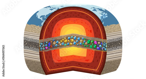 Detailed cross-section illustration of Earth's internal layers and geological resources.
