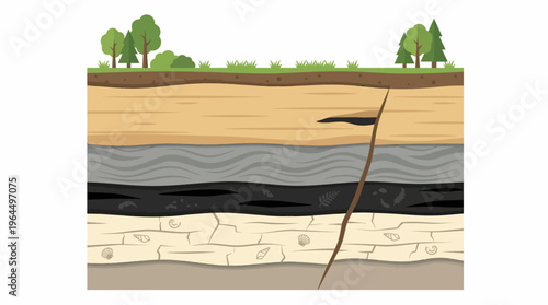 Geological cross-section showing Earth's layers, a coal seam, and a fault line.