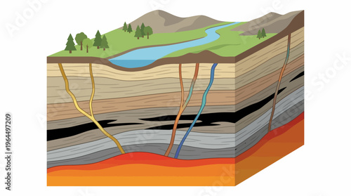 Cross-section of Earth's crust showing geological layers, river, mountains, and underground formations with various veins and magma.