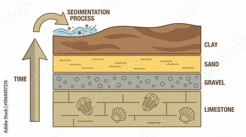 Illustration showing the geological layers of Earth's crust formed by the sedimentation process over time, with different types of sediment and fossils.