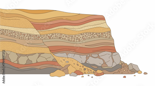 Cross-section of geological strata showing layered rock formations and erosion.
