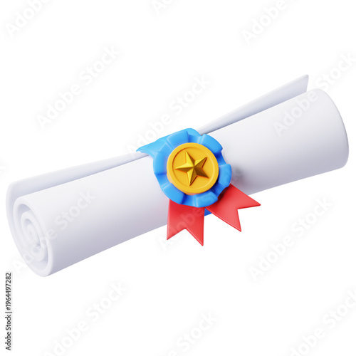 3D Rendered Achievement Certificate Roll with Golden Star Badge and Red Ribbons, Symbolizing Success, Education, and Professional Qualification