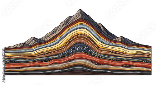 Cross-section of a mountain revealing multiple geological strata and rock layers, illustrating earth's internal structure and geological processes.