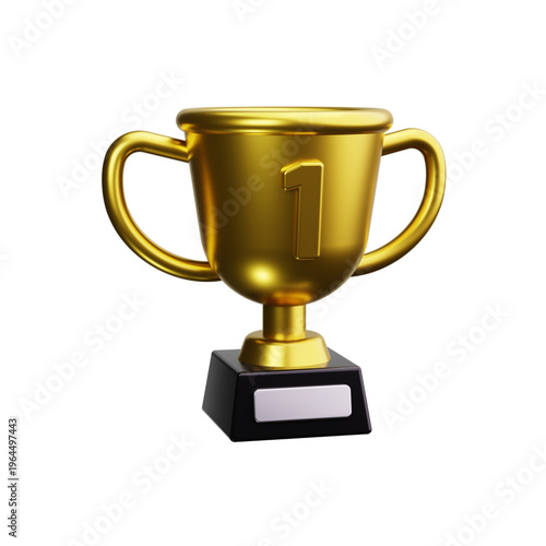 3D golden trophy with a number 1 on it, symbolizing victory and achievement in a competition or award ceremony, rendered with realistic lighting and shadows