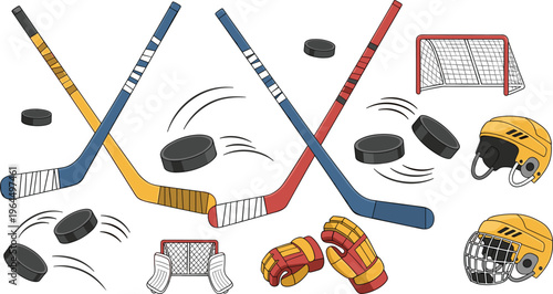 Ice hockey equipment and game elements set with sticks, puck, helmets, gloves and goal cartoon vector illustration
